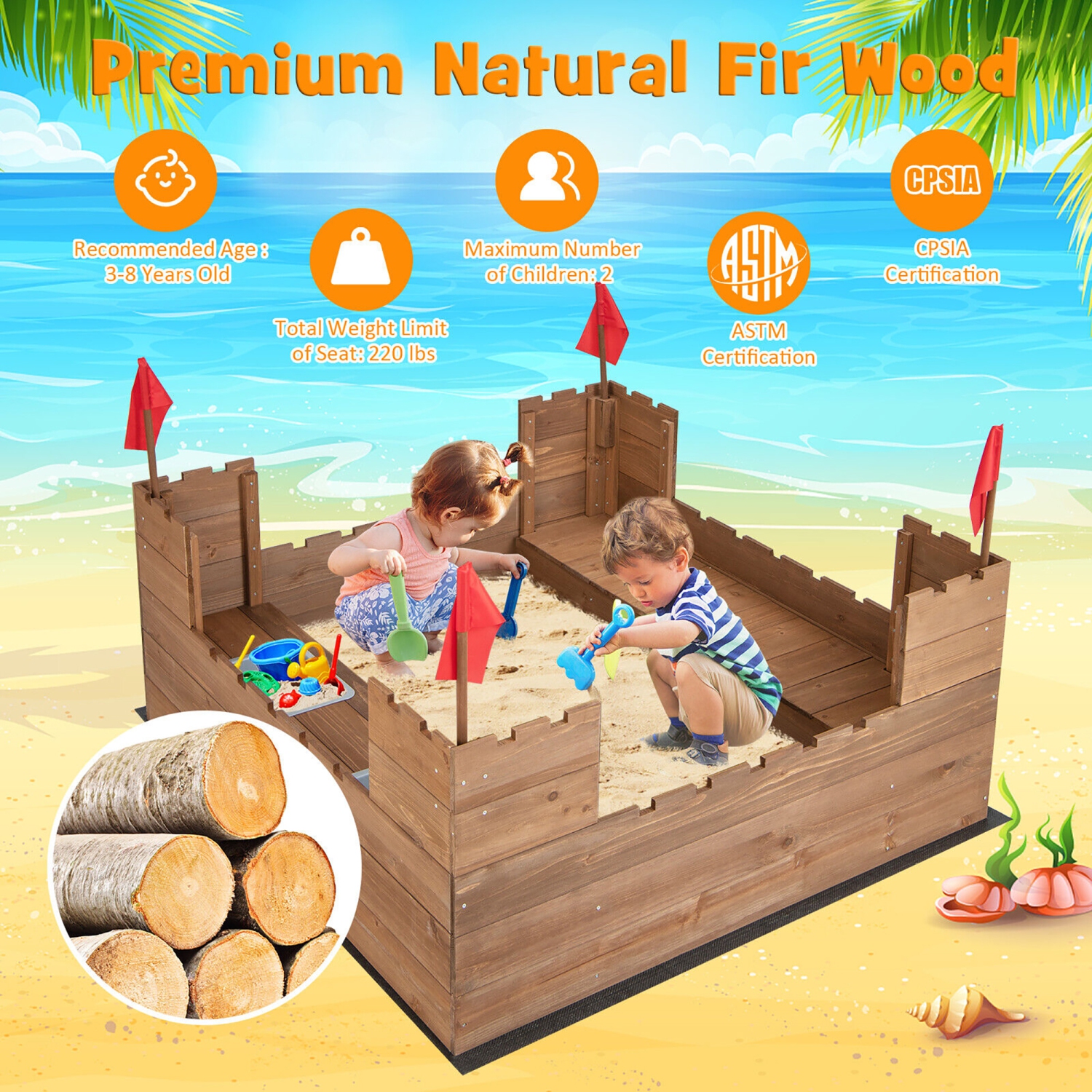 Gymax Solid Wood Kids Sandbox w/ 2 Bench Seats Outdoor Sandpit w/ Storage Box & Flags