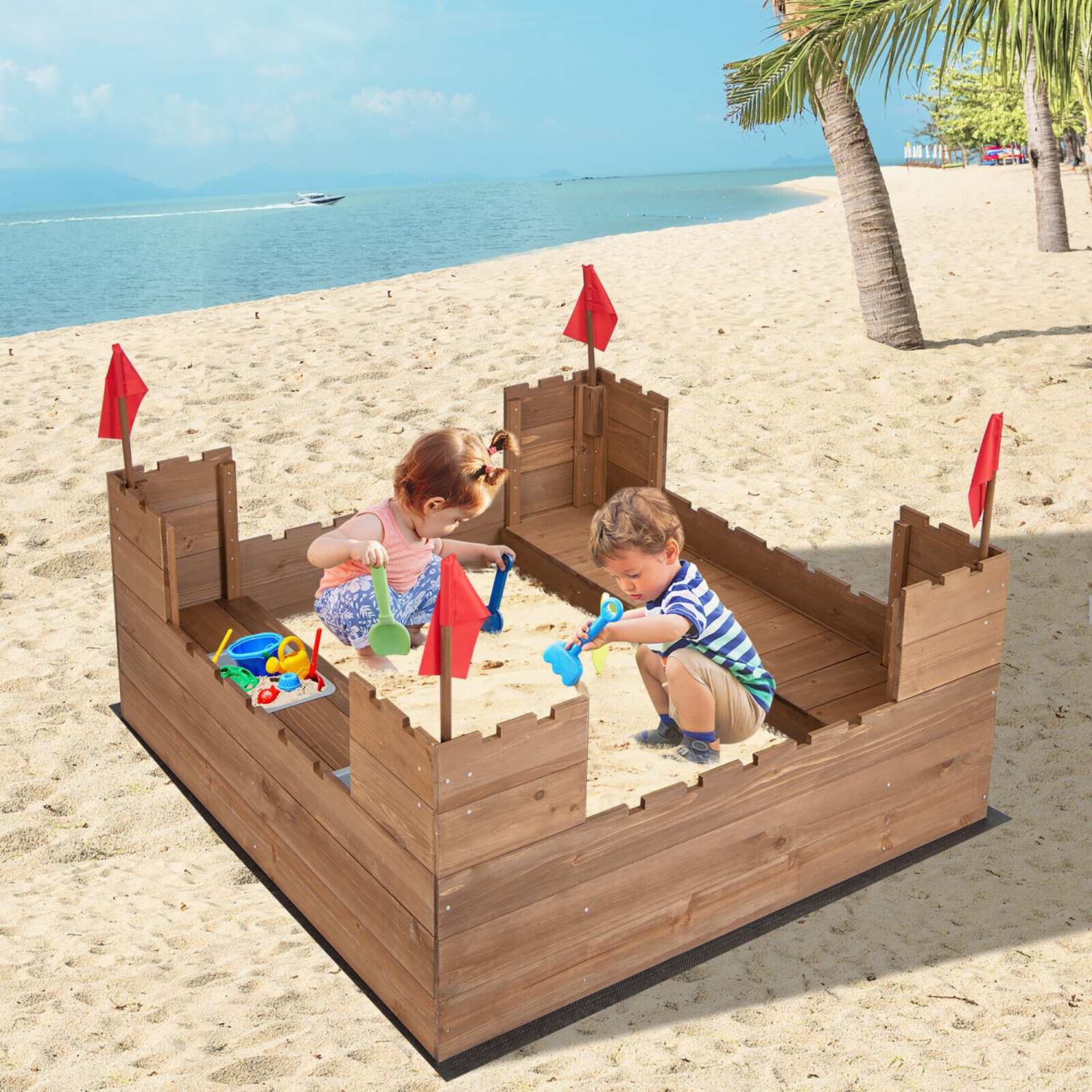 Gymax Solid Wood Kids Sandbox w/ 2 Bench Seats Outdoor Sandpit w/ Storage Box & Flags
