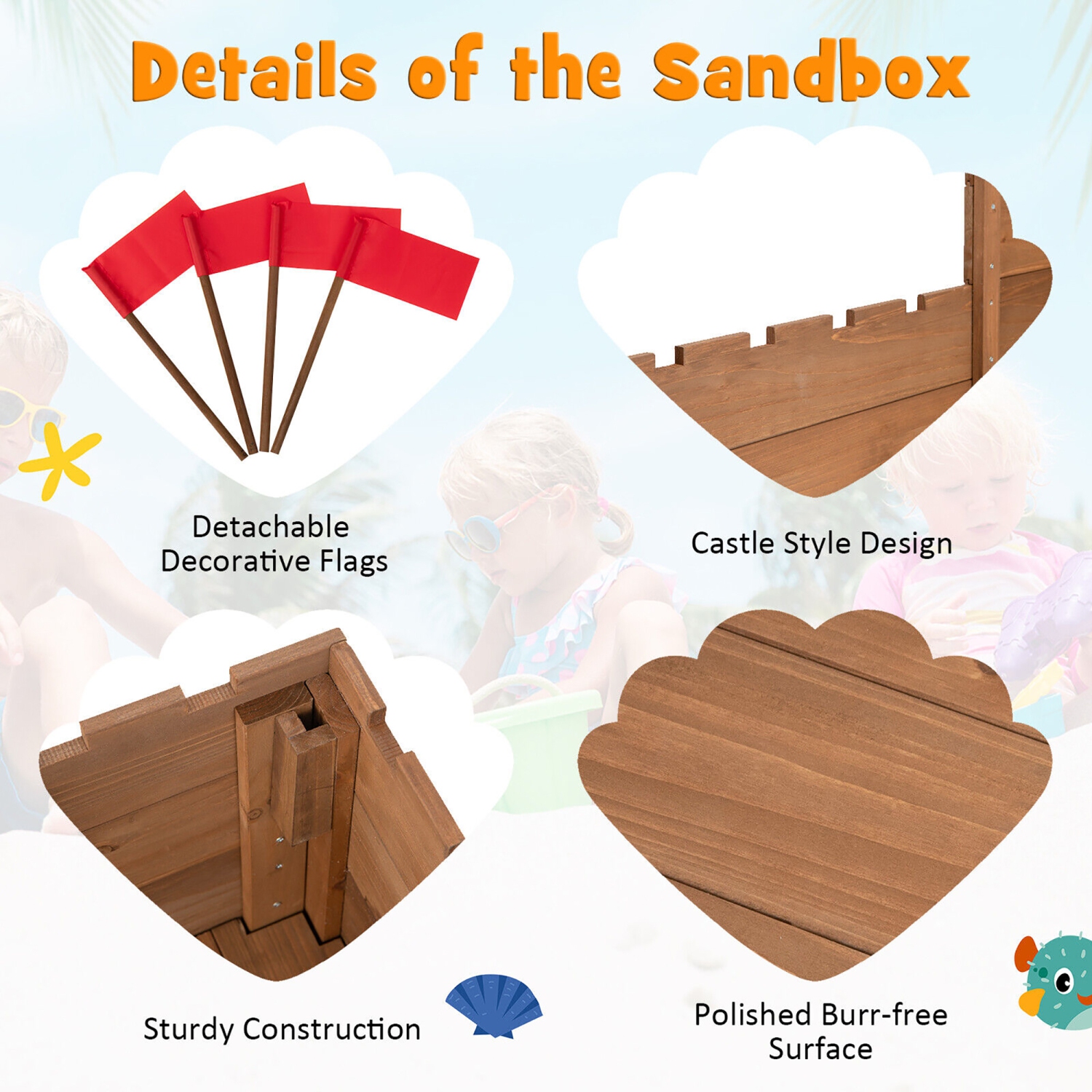 Gymax Solid Wood Kids Sandbox w/ 2 Bench Seats Outdoor Sandpit w/ Storage Box & Flags