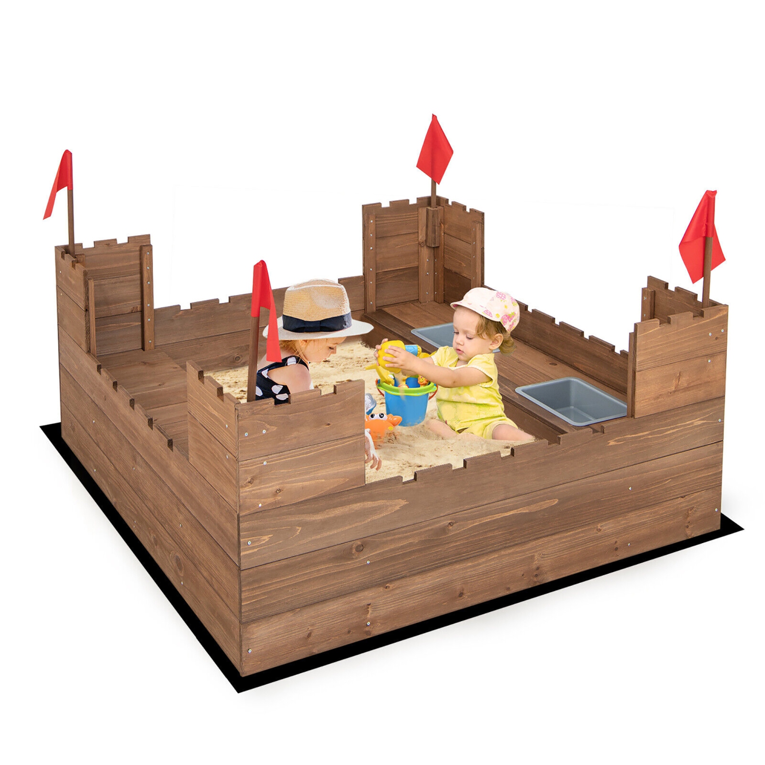 Gymax Solid Wood Kids Sandbox w/ 2 Bench Seats Outdoor Sandpit w/ Storage Box & Flags