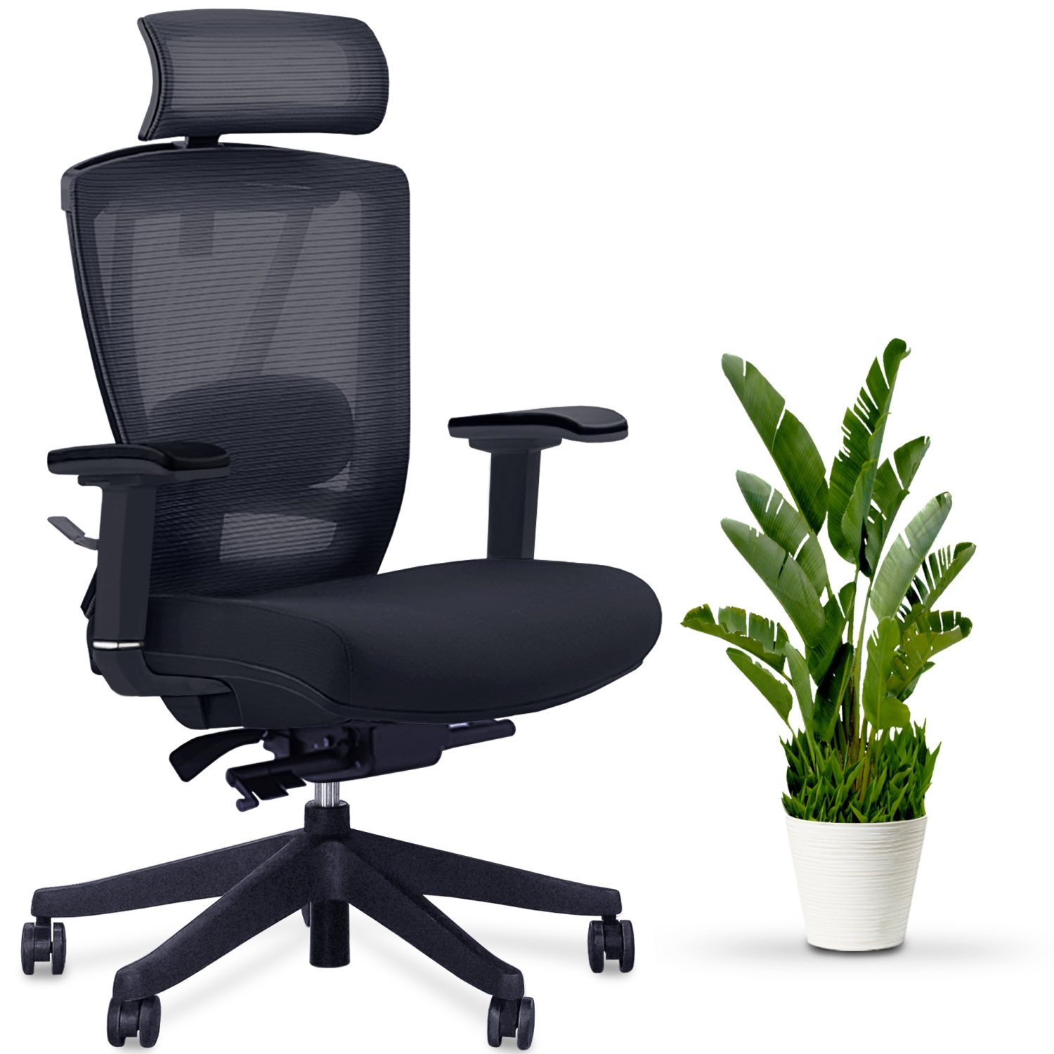 ENSEMBLE D'AFFAIRES EFEFEFDESK : Bureau d'ordinateur debout à hauteur réglable cadre noir sur bureau + chaise de bureau ergonomique réglable AeryChair