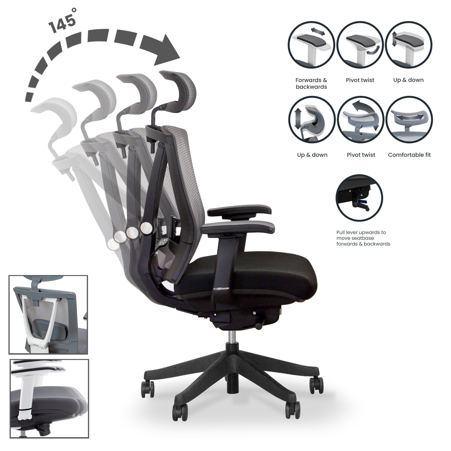 ENSEMBLE D'AFFAIRES EFEFEFDESK : Bureau d'ordinateur debout à hauteur réglable cadre noir sur bureau + chaise de bureau ergonomique réglable AeryChair