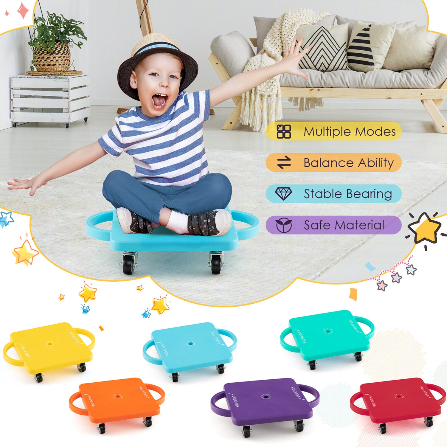 Gymax Children Balance Board Sitting Scooter Board 6-Pack PP Floor Scooter Board