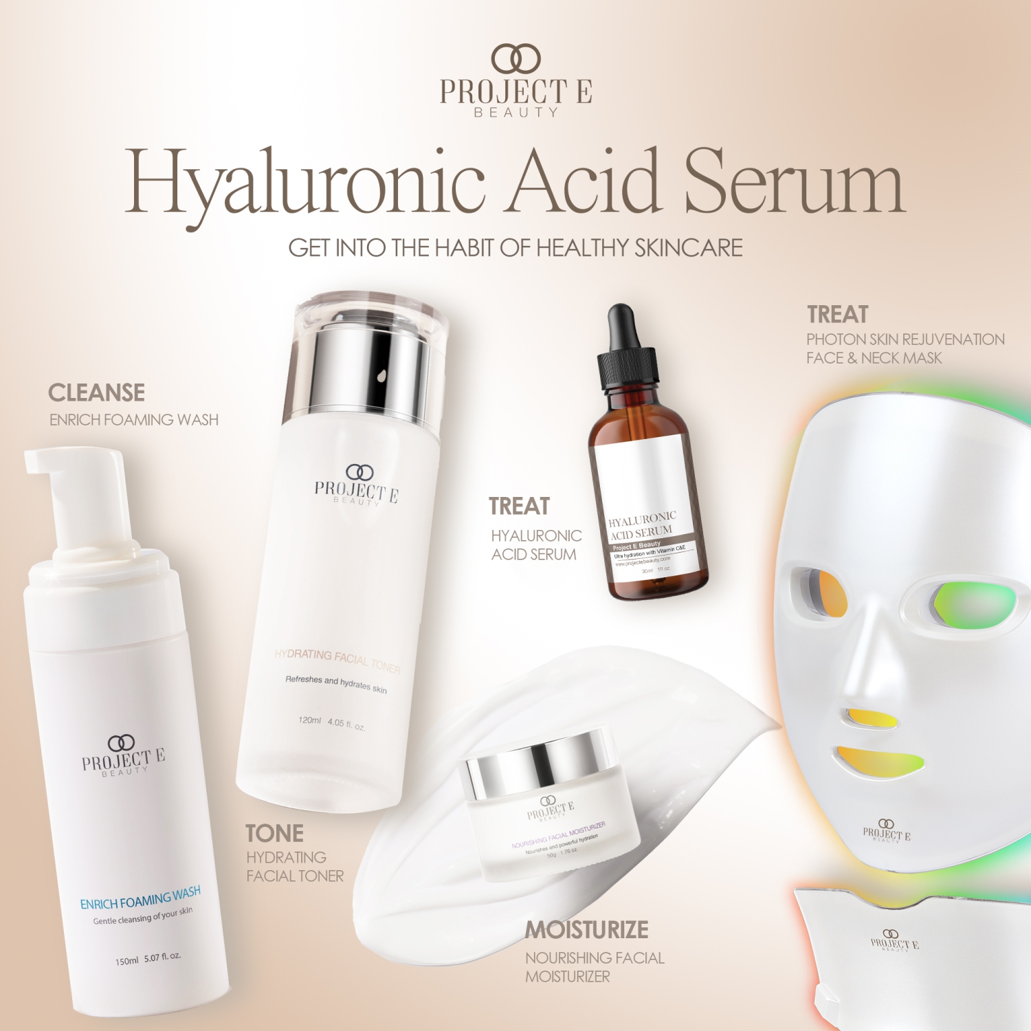 Project E Beauty Hyaluronic Acid Serum Anti-Aging with Vitamin C & E, for Unisex, Hydration for the Eyes & Face, 30ml