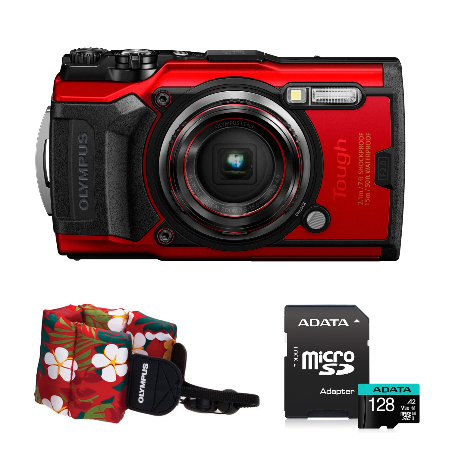 Olympus Tough TG-6 Digital Camera (Red) V104210RU000 + Adata 128GB + Olympus Floating Foam Strap (Island Red) Kit Bundle