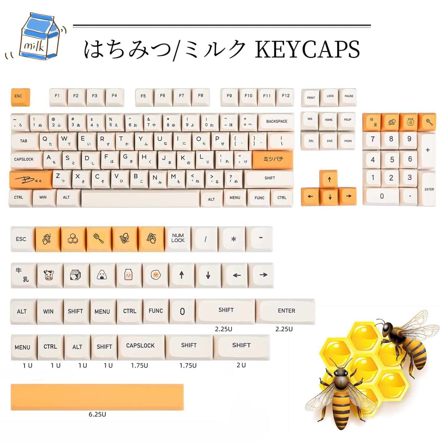 GTSP XDA Honey Milk Keycaps PBT Japanese Bee keycap 140-Key Set for Cherry MX Covers Fullsize 60% 65% 75% Keyboard(XDA/Honey Milk)