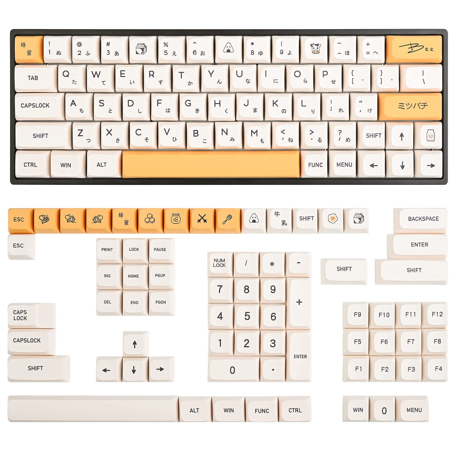GTSP XDA Honey Milk Keycaps PBT Japanese Bee keycap 140-Key Set for Cherry MX Covers Fullsize 60% 65% 75% Keyboard(XDA/Honey Milk)