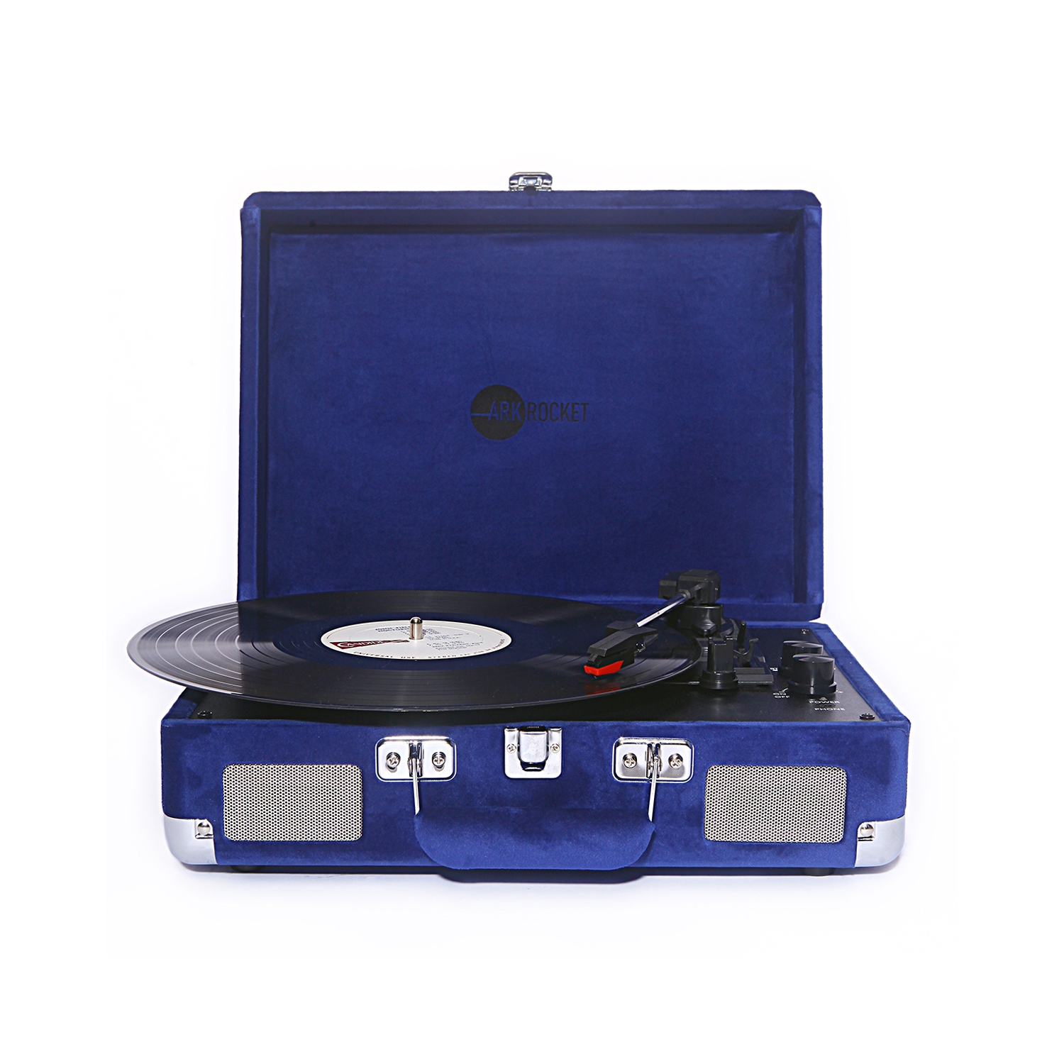 Tourne-disque rétro Bluetooth à 3 vitesses de la valise ArkRocket Cursity avec haut-parleurs intégrés - Bleu Klein
