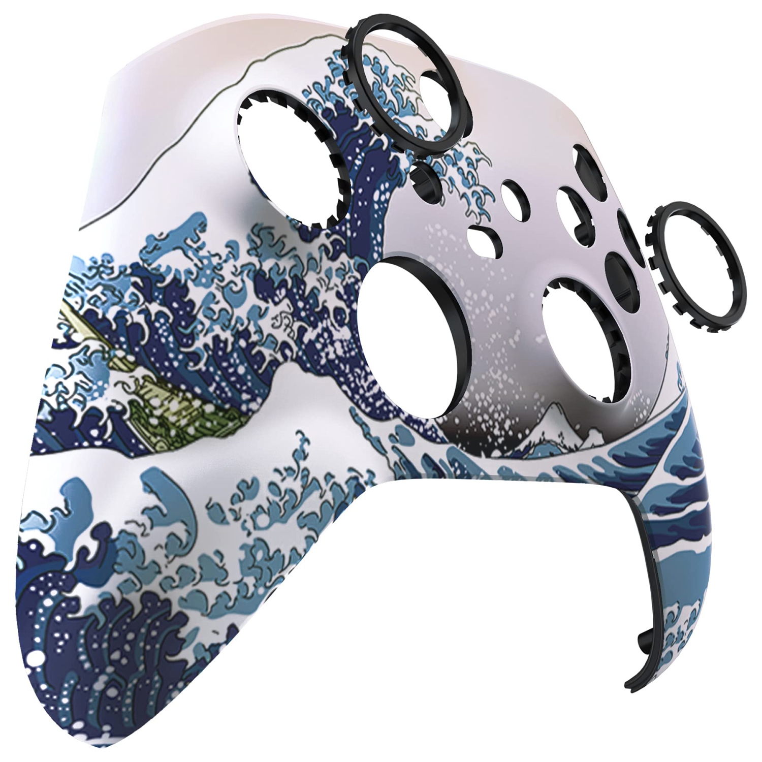 The Great Wave ASR Version Front Housing Shell w/Accent Rings for Xbox Series X/S Controller, Soft Touch Cover Faceplate for Xbox Core Controller Model 1914