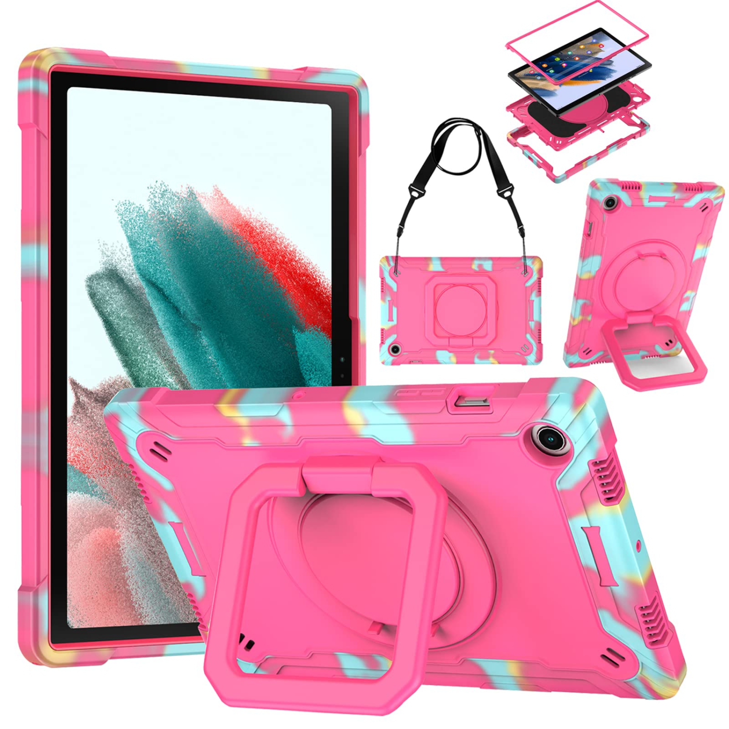 Hard Case for Samsung Galaxy Tab A8 10.5 inch 2022 Model, Full-Body Shockproof Protective Case with Shoulder Strap, 360 Rotating Stand Case for Tab A8