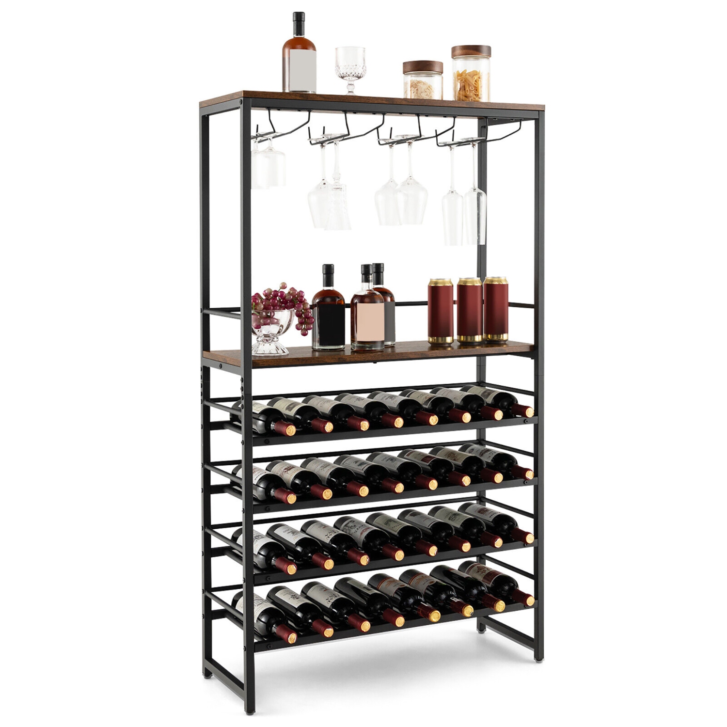 Gymax 32 Bottles Wine Rack Rustic Wine Storage Holder Freestanding W/ Glass Holder
