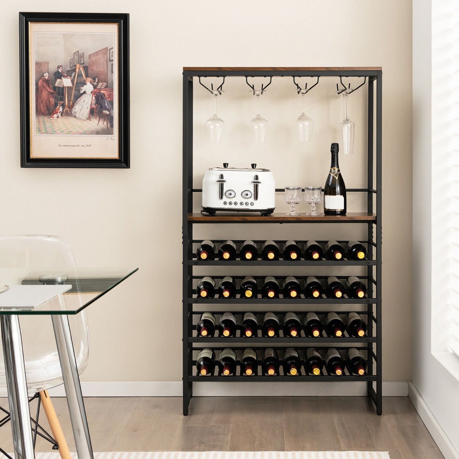 Gymax 32 Bottles Wine Rack Rustic Wine Storage Holder Freestanding W/ Glass Holder