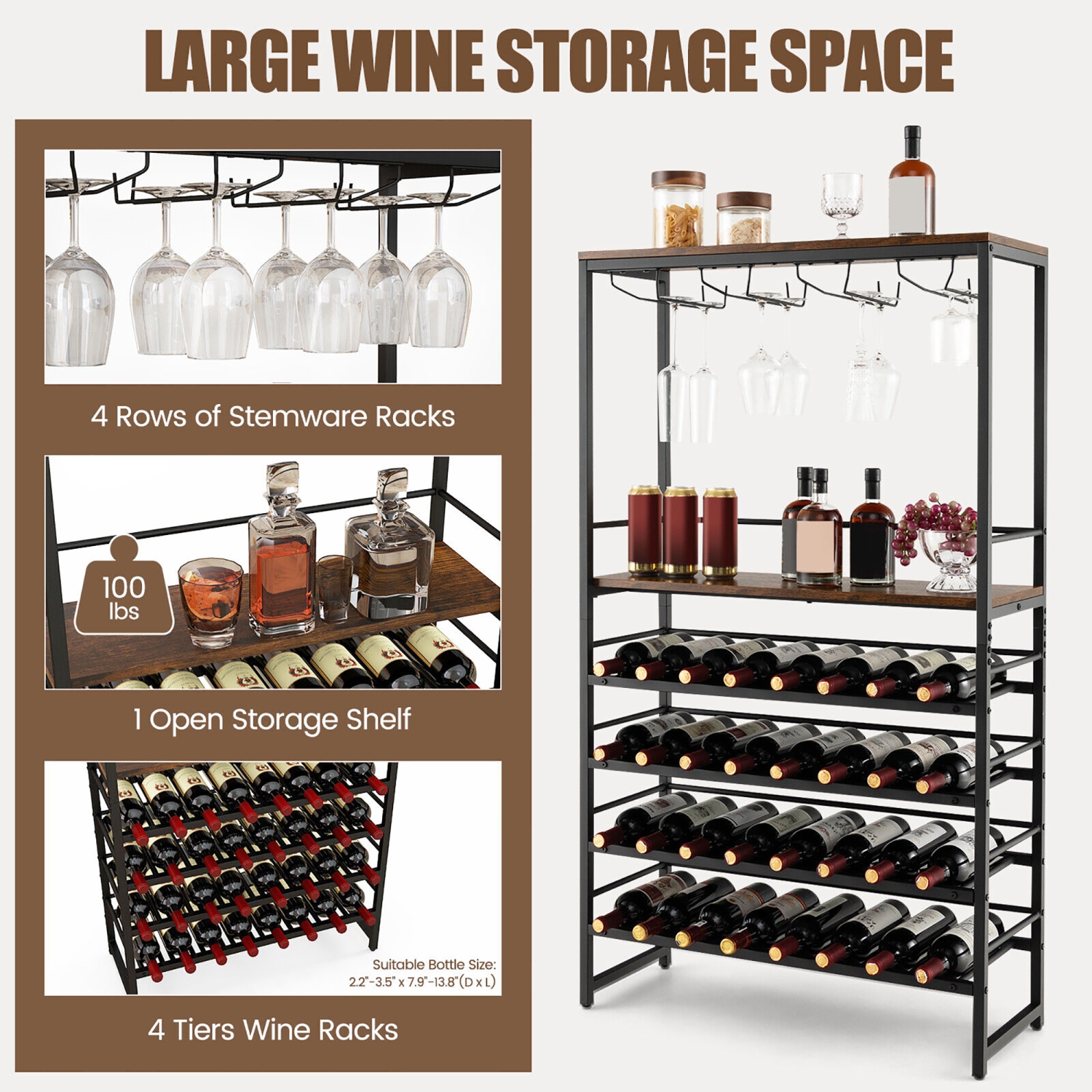 Gymax 32 Bottles Wine Rack Rustic Wine Storage Holder Freestanding W/ Glass Holder