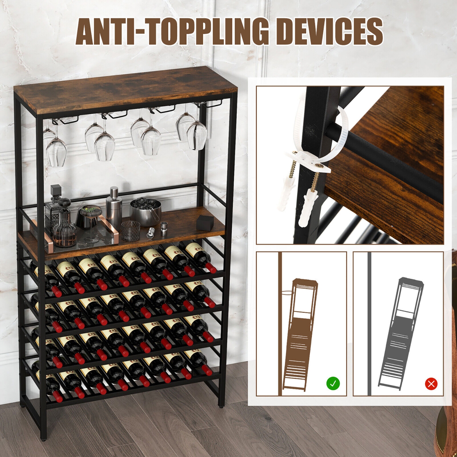 Gymax 32 Bottles Wine Rack Rustic Wine Storage Holder Freestanding W/ Glass Holder