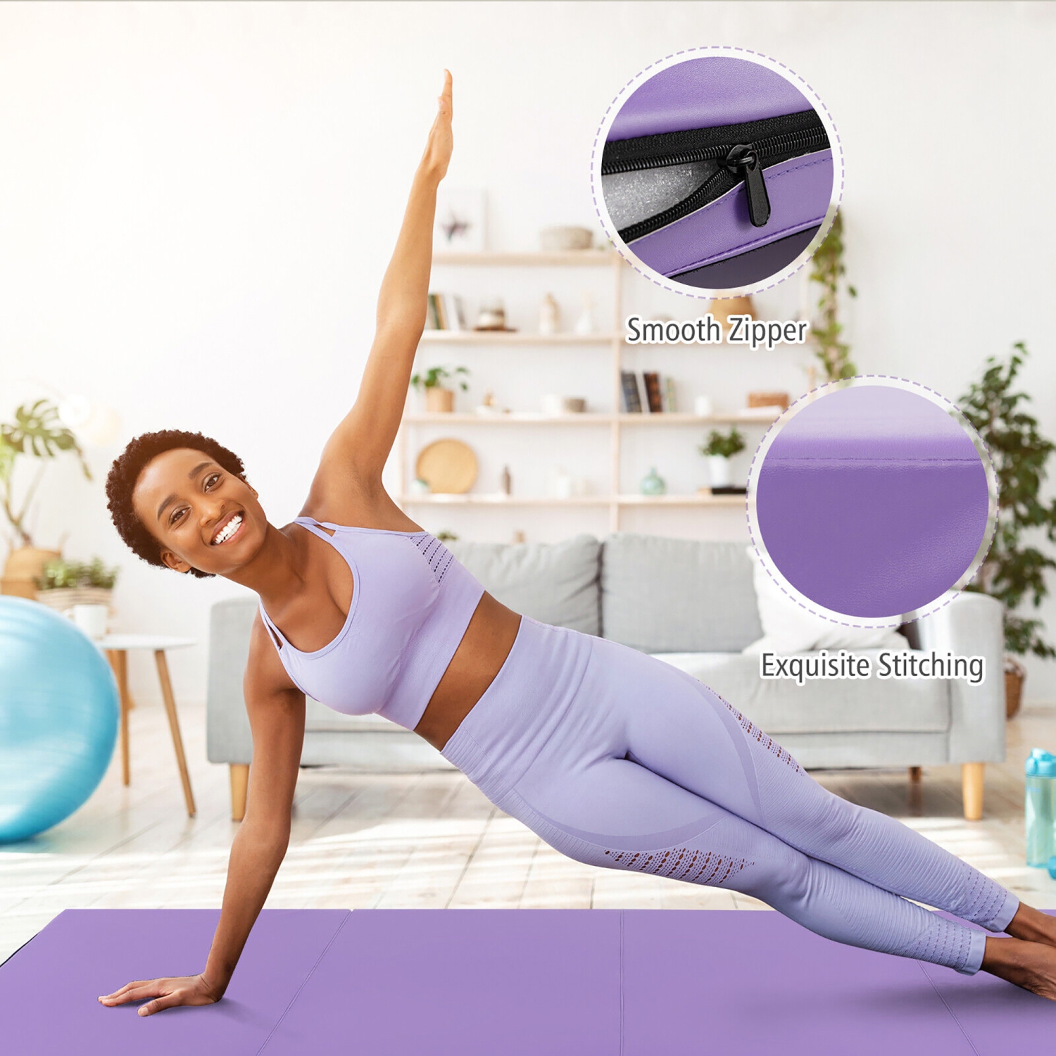 Gymax 8' x 4' x 2'' Folding Gymnastics Mat Tumbling Exercise PU Leather Cover for Yoga Purple