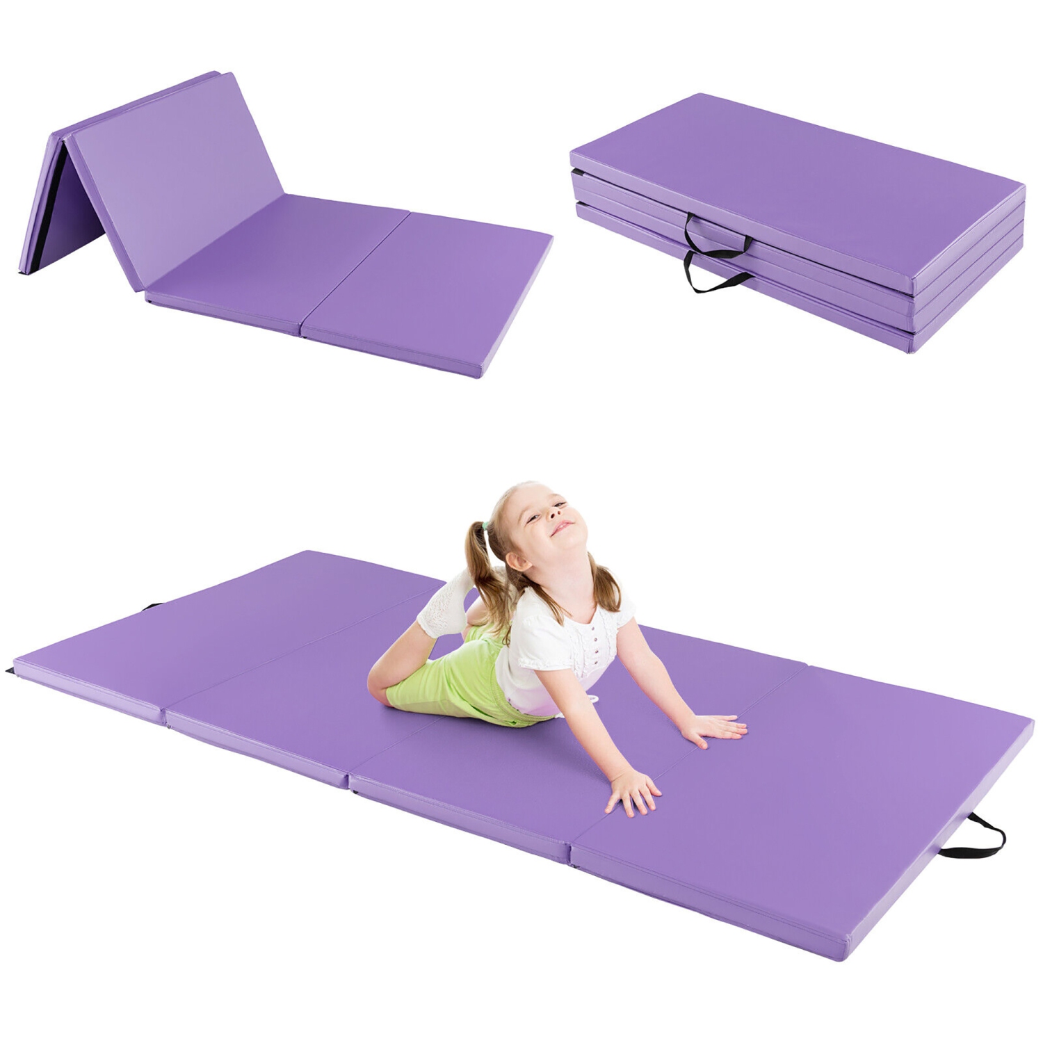 Gymax 8' x 4' x 2'' Folding Gymnastics Mat Tumbling Exercise PU Leather Cover for Yoga Purple