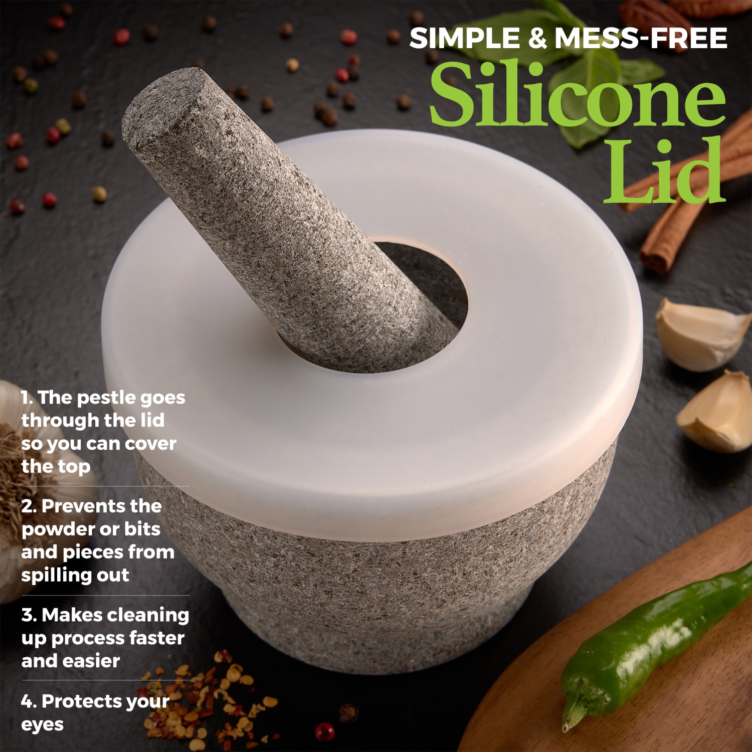 6" Granite Mortar and Pestle - 2-Cup Capacity Unpolished Granite Molcajete w/Silicone Lid - Grinder & Crusher for Mixing, Blending, Grinding,