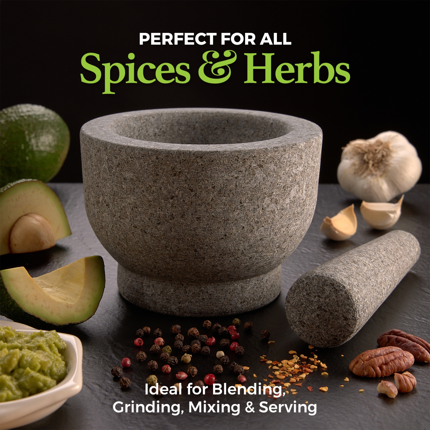 6" Granite Mortar and Pestle - 2-Cup Capacity Unpolished Granite Molcajete w/Silicone Lid - Grinder & Crusher for Mixing, Blending, Grinding,