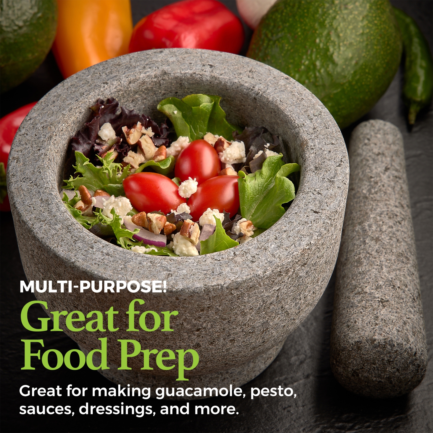 6" Granite Mortar and Pestle - 2-Cup Capacity Unpolished Granite Molcajete w/Silicone Lid - Grinder & Crusher for Mixing, Blending, Grinding,