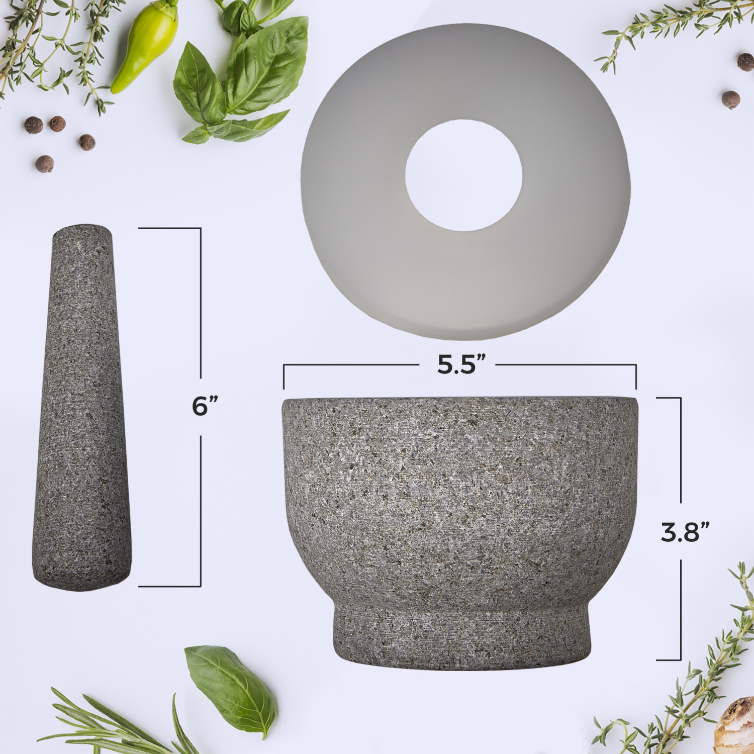 6" Granite Mortar and Pestle - 2-Cup Capacity Unpolished Granite Molcajete w/Silicone Lid - Grinder & Crusher for Mixing, Blending, Grinding,