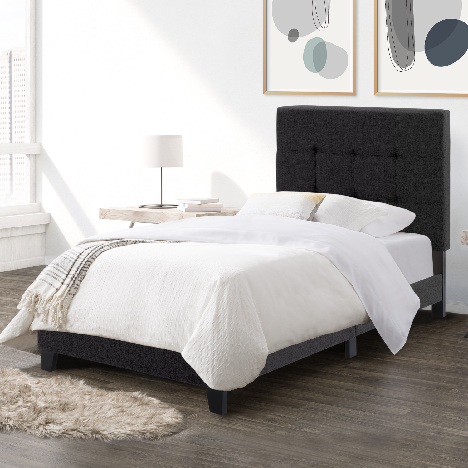 CorLiving Ellery Black Fabric Tufted Bed, Single