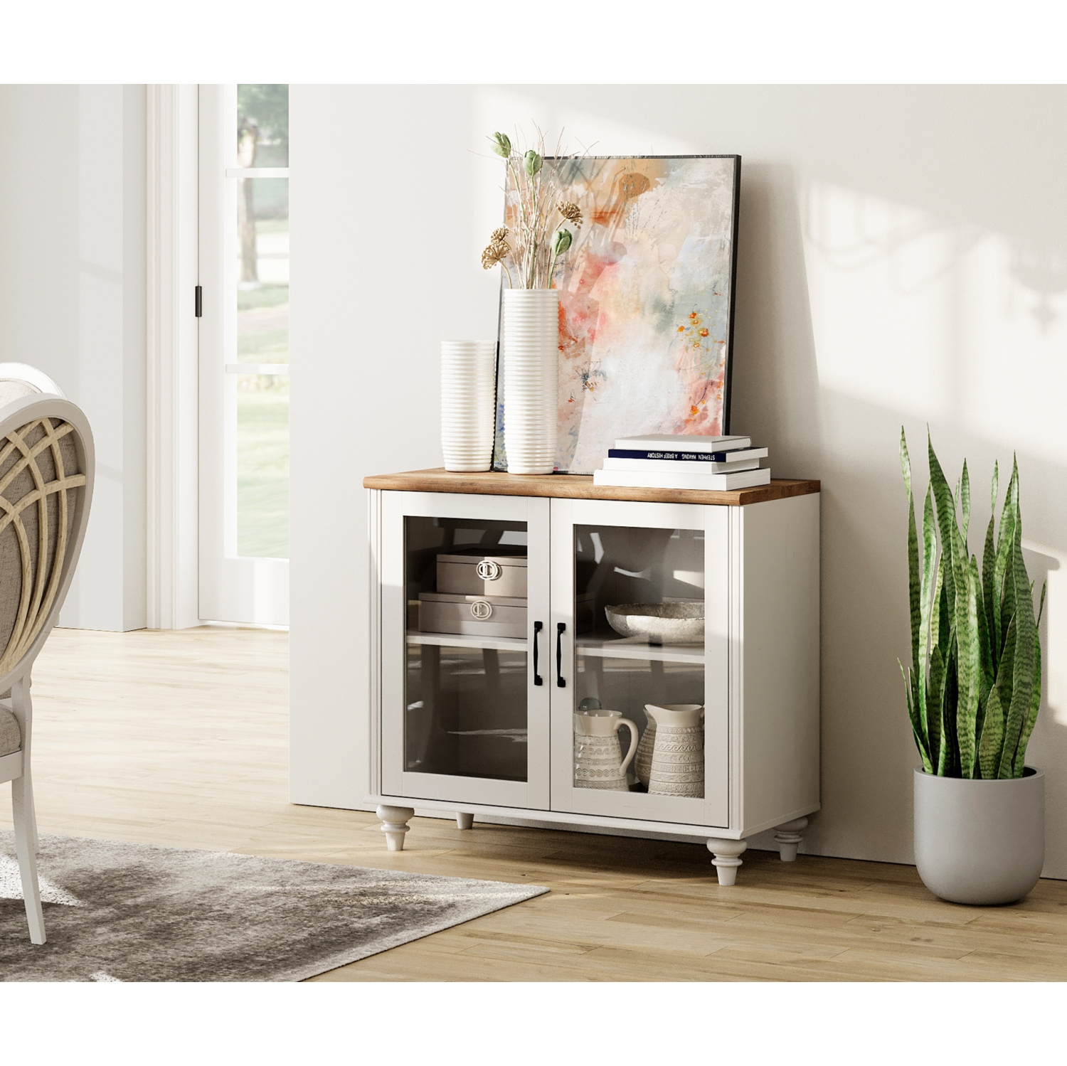 WAMPAT Kitchen Sideboard Buffet Cabinet with Storage, Accent Cupboard with Glass Door & Adjustable Shelf, Glass Display Cabinet with LED Light, Off