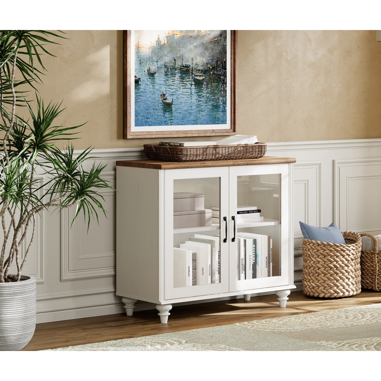 WAMPAT Kitchen Sideboard Buffet Cabinet with Storage, Accent Cupboard with Glass Door & Adjustable Shelf, Glass Display Cabinet with LED Light, Off