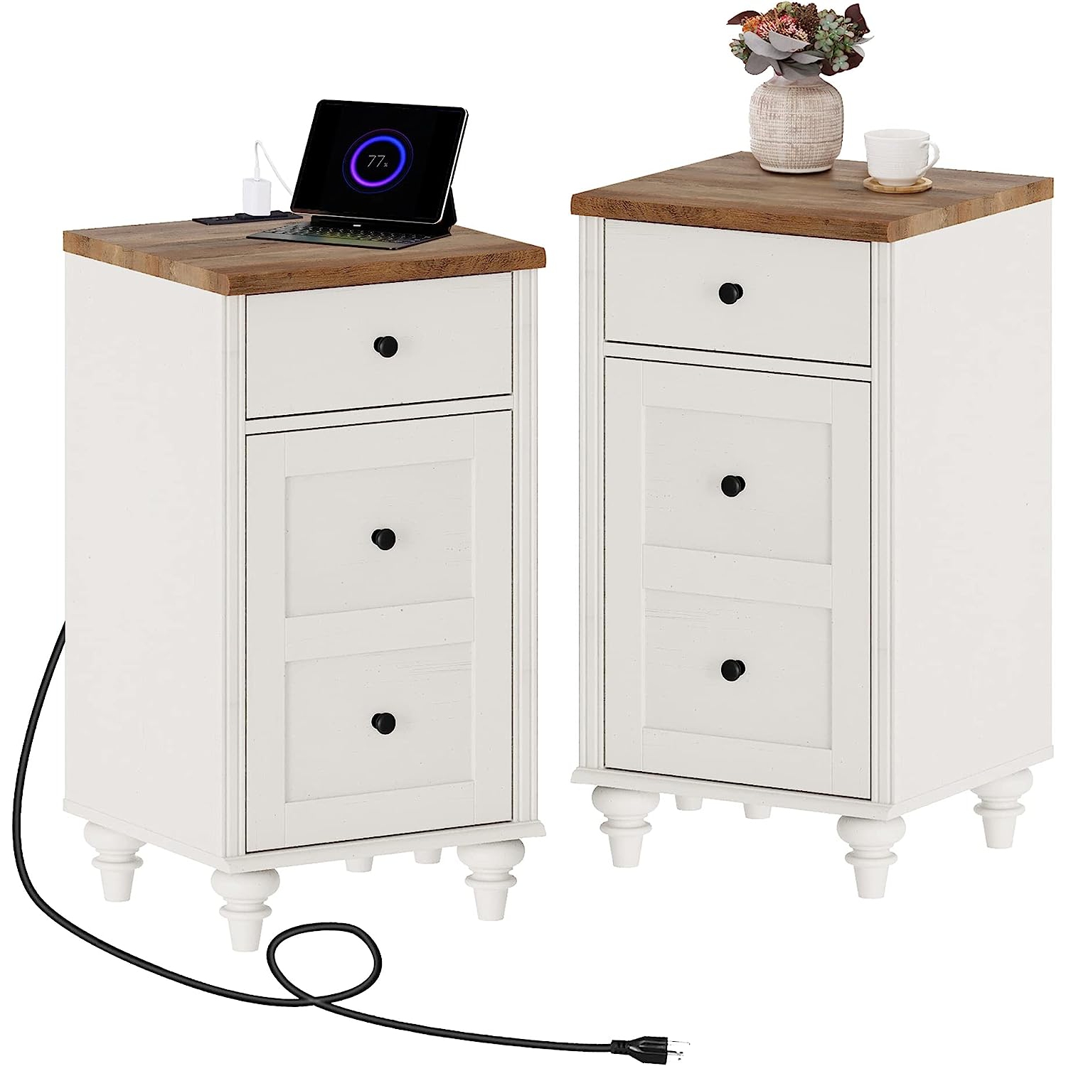 WAMPAT Set of 2 End Table with Charging Station,Wood Nightstands with Drawer and Storage Cabinet,Modern Side Tables Living Room Set of 2 for