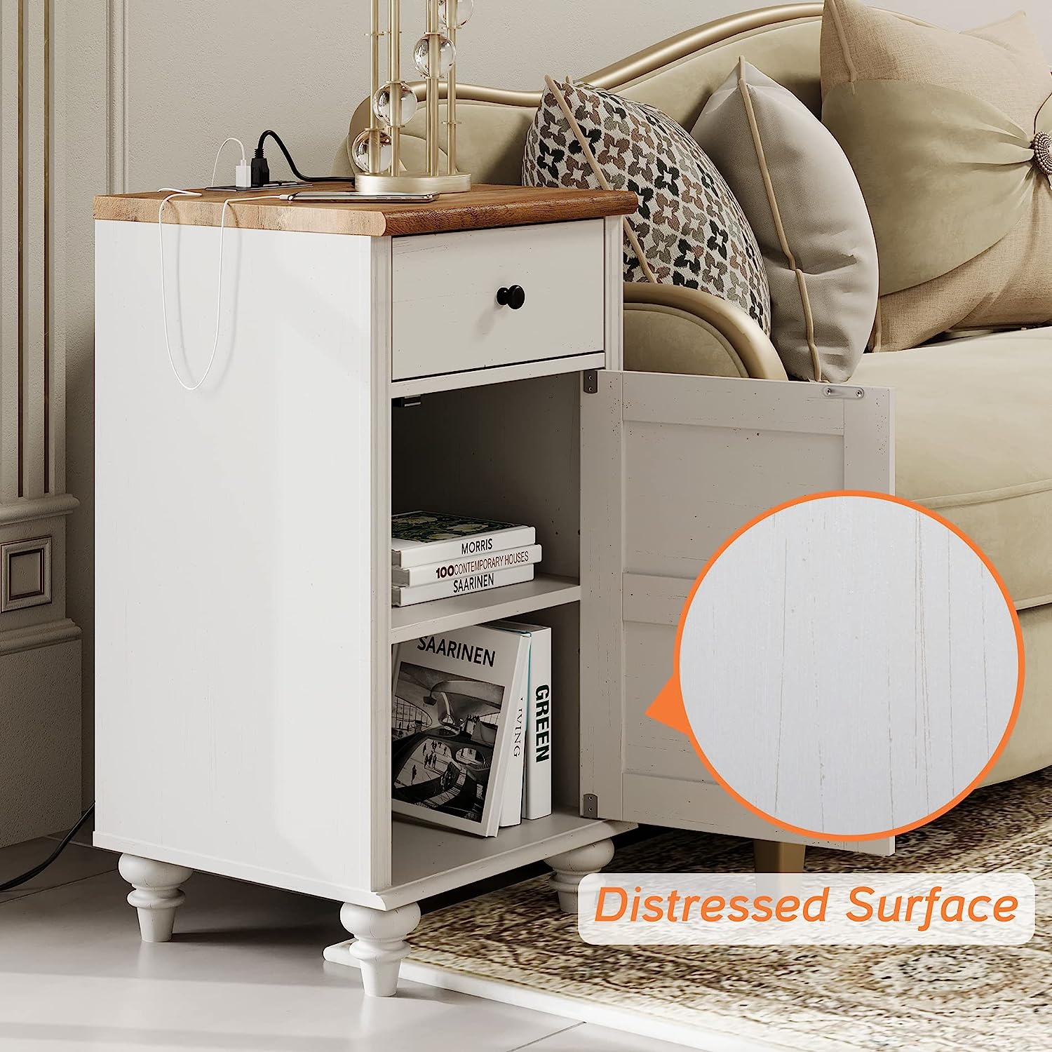 WAMPAT Set of 2 End Table with Charging Station,Wood Nightstands with Drawer and Storage Cabinet,Modern Side Tables Living Room Set of 2 for