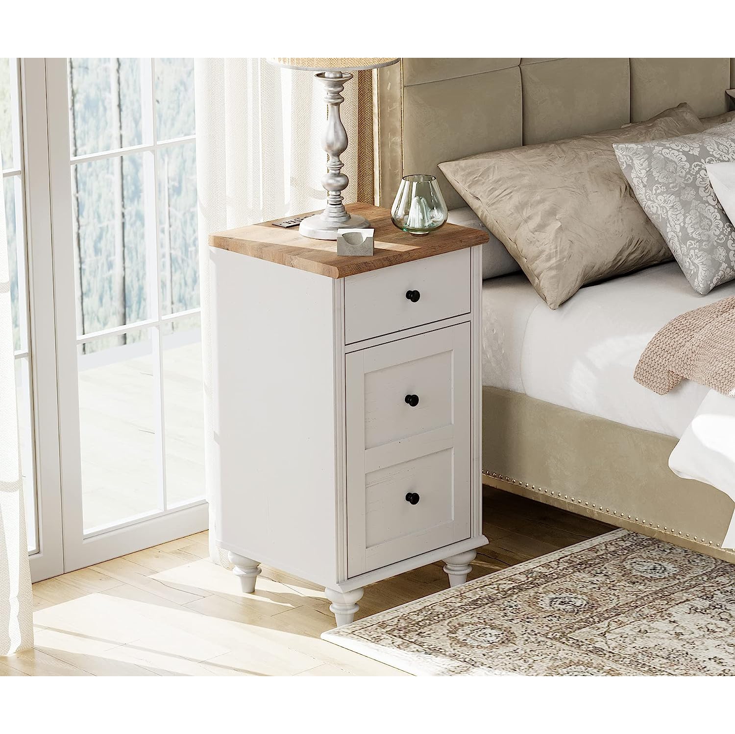 WAMPAT Set of 2 End Table with Charging Station,Wood Nightstands with Drawer and Storage Cabinet,Modern Side Tables Living Room Set of 2 for