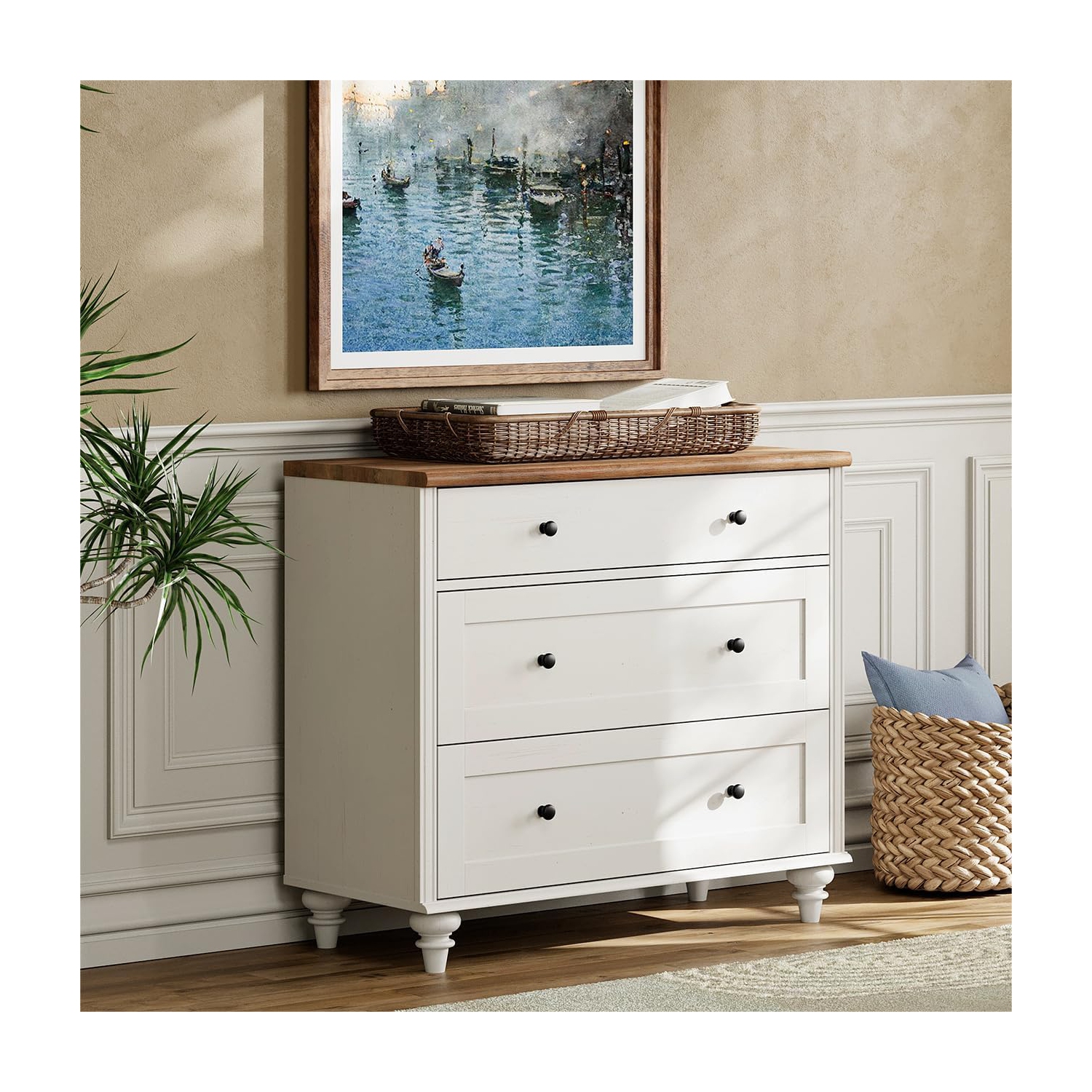 WAMPAT Dresser for Bedroom with 3 Drawers,White Kids Dressers with Wide Chest of Drawers, Modern Wooden Closet Storage Organizer,Samll Dressers for