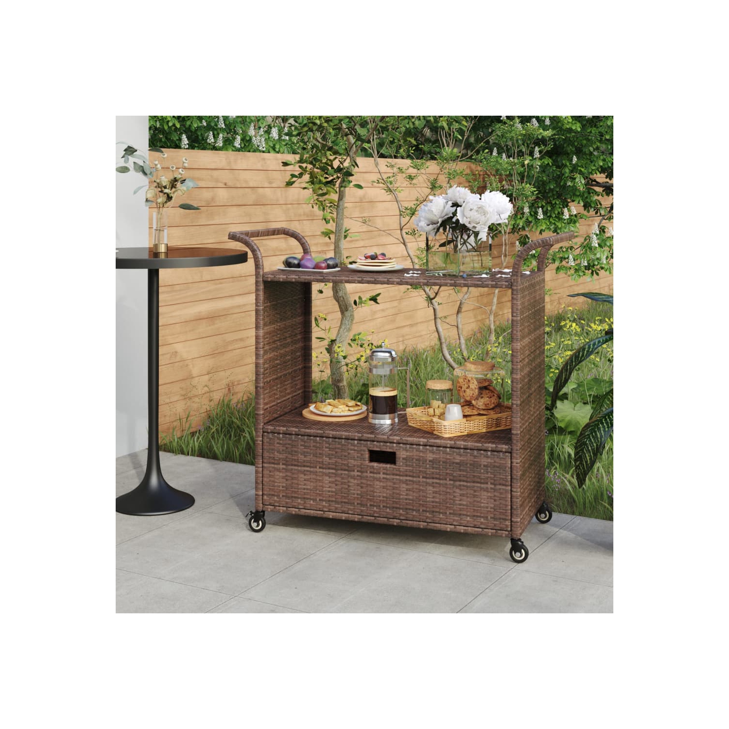 vidaXL Bar Cart with Drawer Brown 100x45x97 cm Poly Rattan