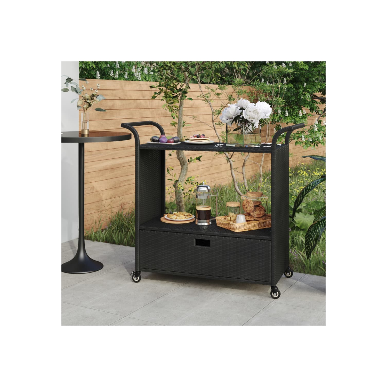 vidaXL Bar Cart with Drawer Black 100x45x97 cm Poly Rattan