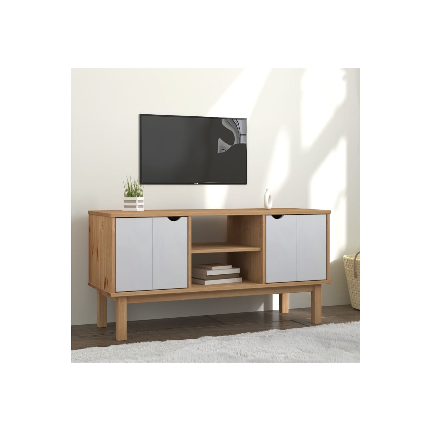 vidaXL TV Cabinet OTTA Brown and White 113.5x43x57cm Solid Wood Pine