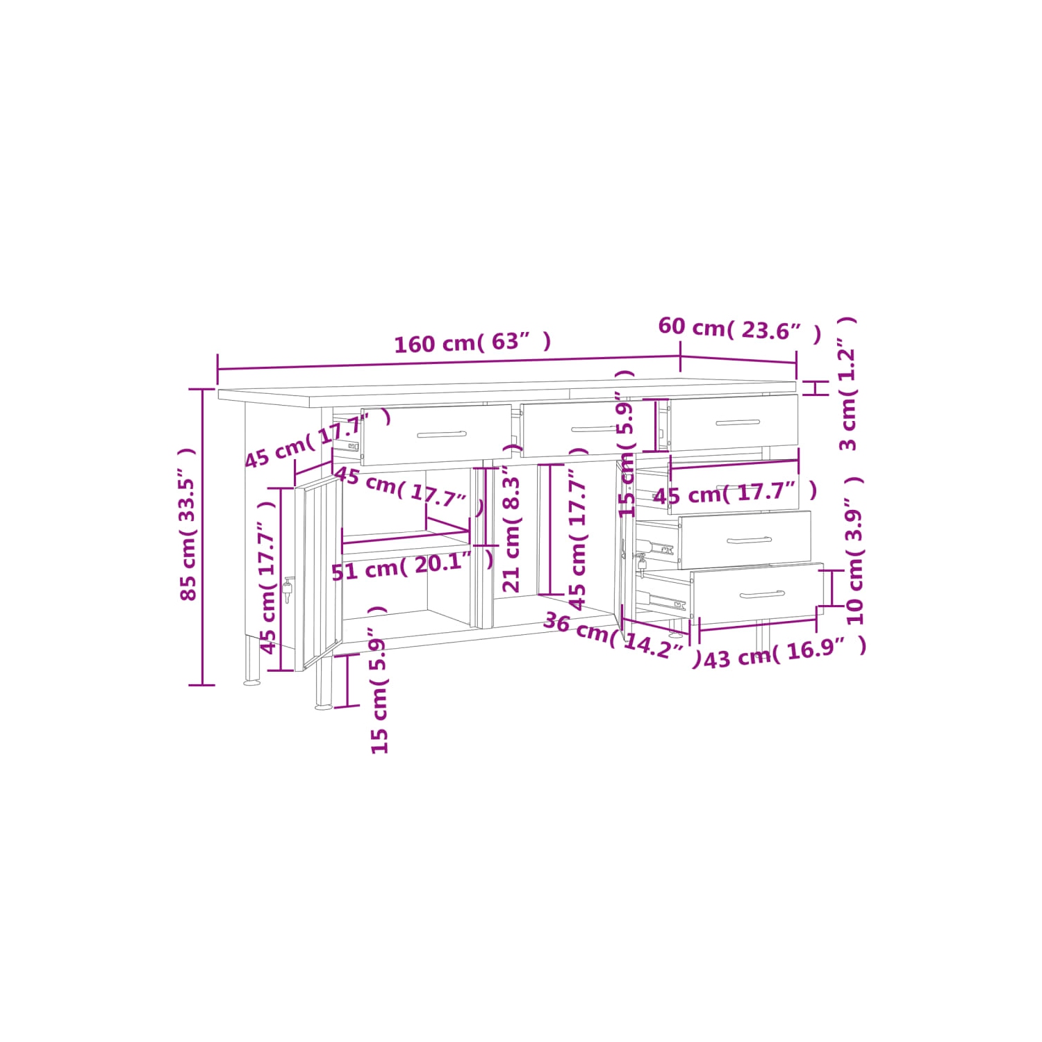 vidaXL Workbench Black 160x60x85 cm Steel