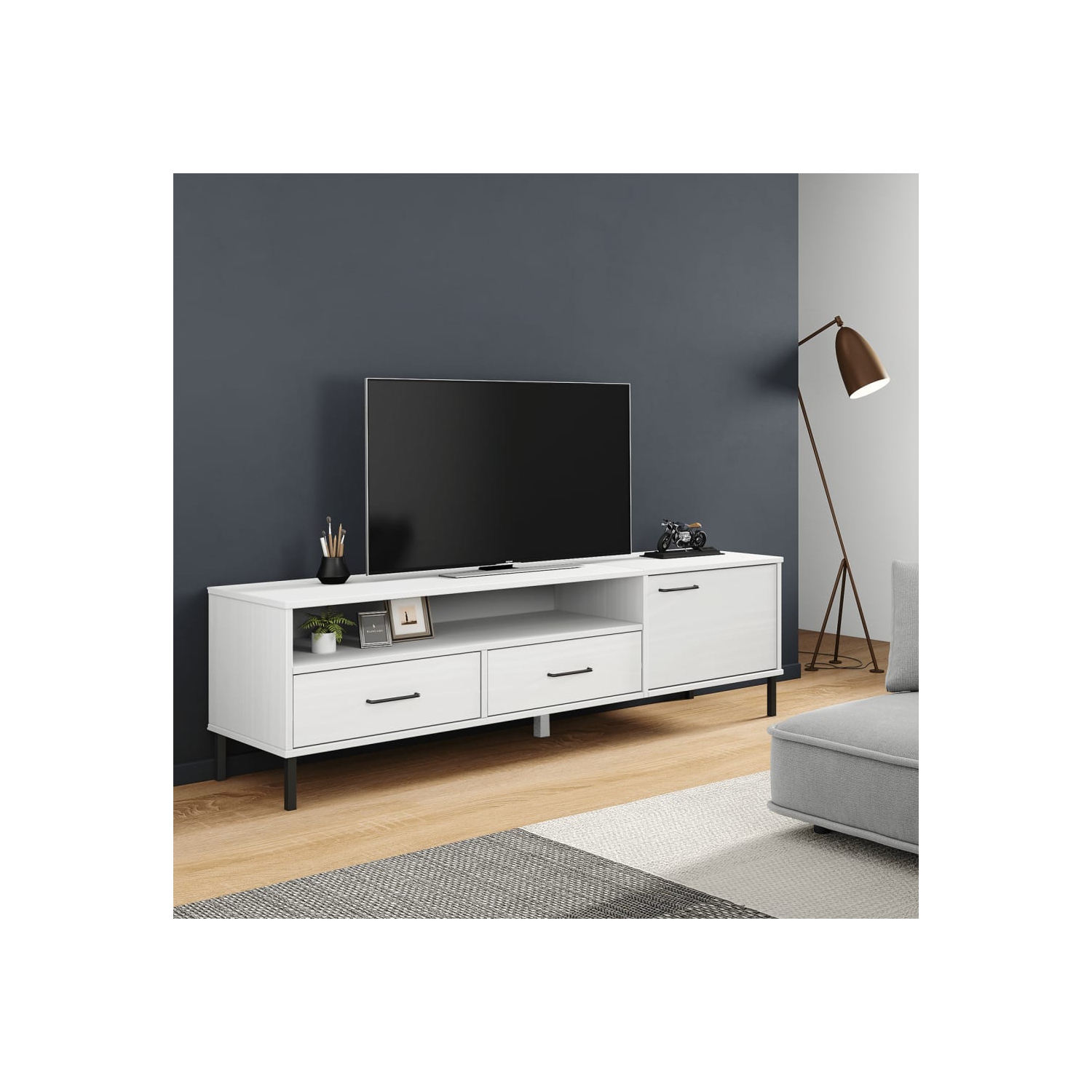 Meuble pour téléviseur avec pattes en métal et pieds en pin massif blanc de vidaXL