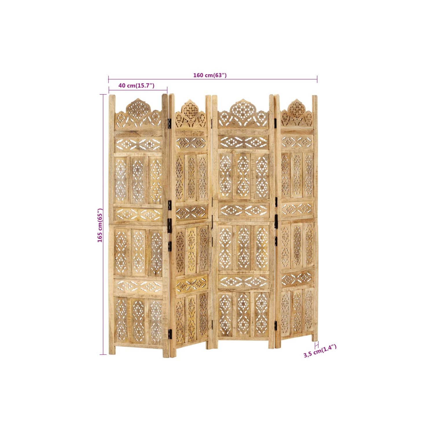 vidaXL Hand carved 4-Panel Room Divider 160x165 cm Solid Mango Wood