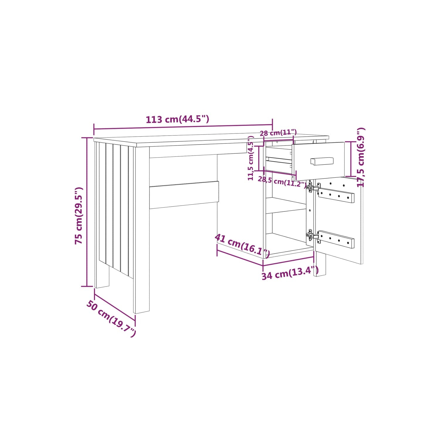 vidaXL Desk HAMAR Light Grey 113x50x75 cm Solid Wood Pine