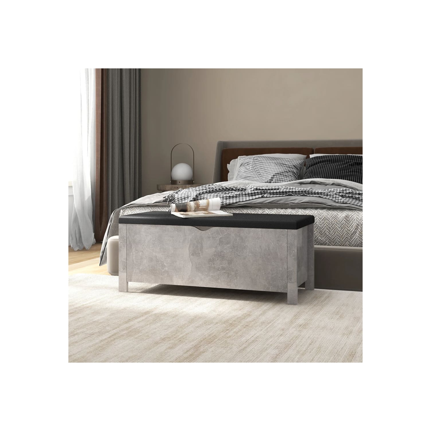 Boîte de rangement vidaXL avec coussin gris béton 105x40 x 45 cm bois d'ingénierie