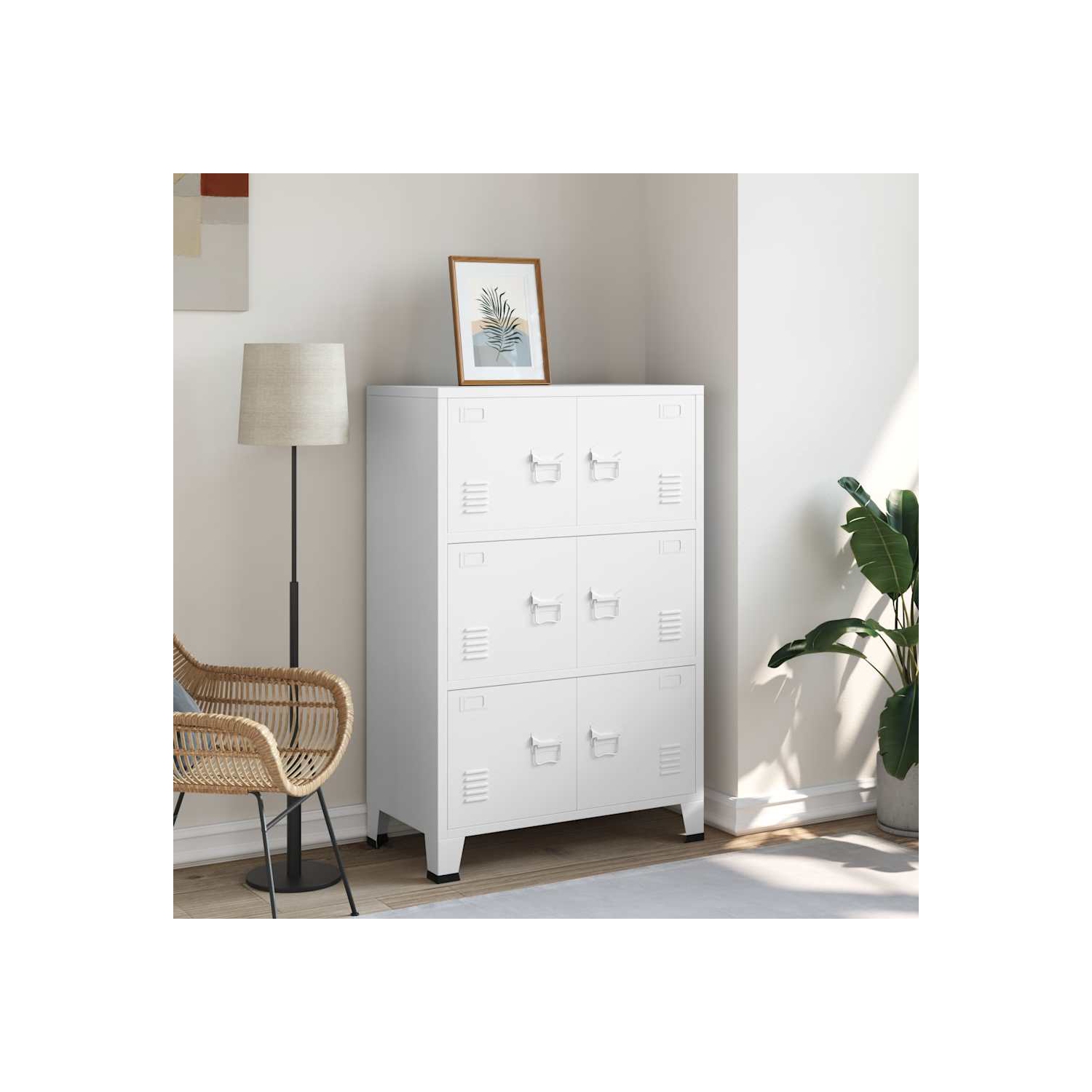 VidaXL – Coffre de rangement en métal avec 6 portes, poignée en métal, 29 x 5 x 45,3 po, blanc