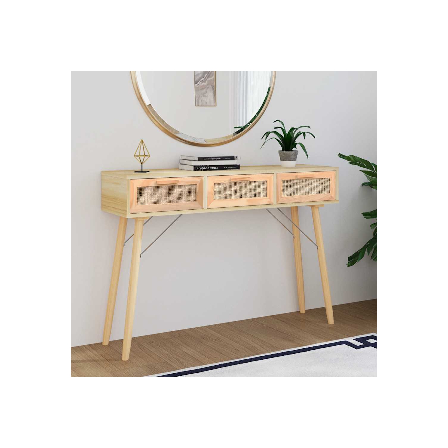 vidaXL Console Table Brown 105x30x75 cm Solid Wood Pine&Natural Rattan