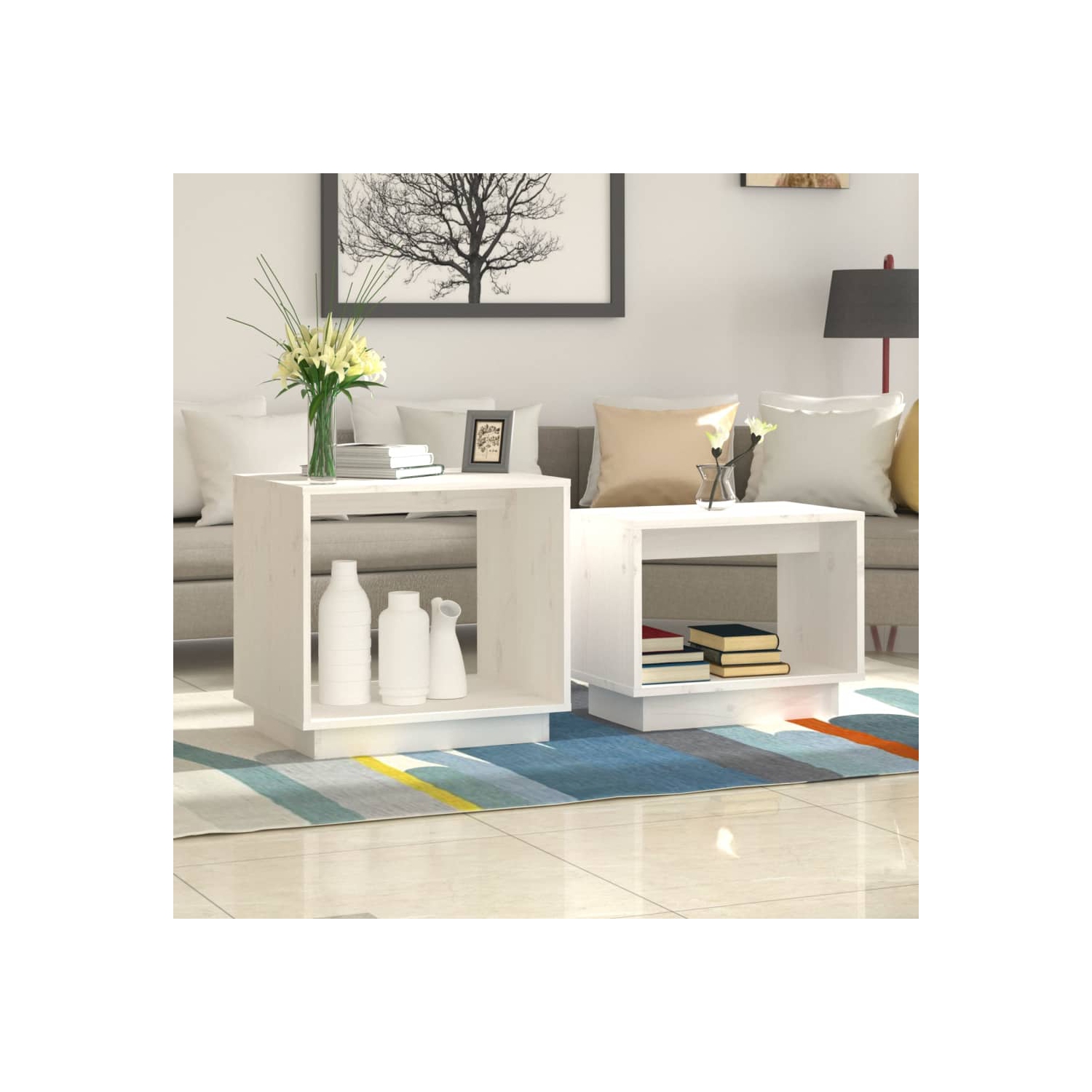 Tables basses gigognes vidaXL en pin massif blanc, 2 pces