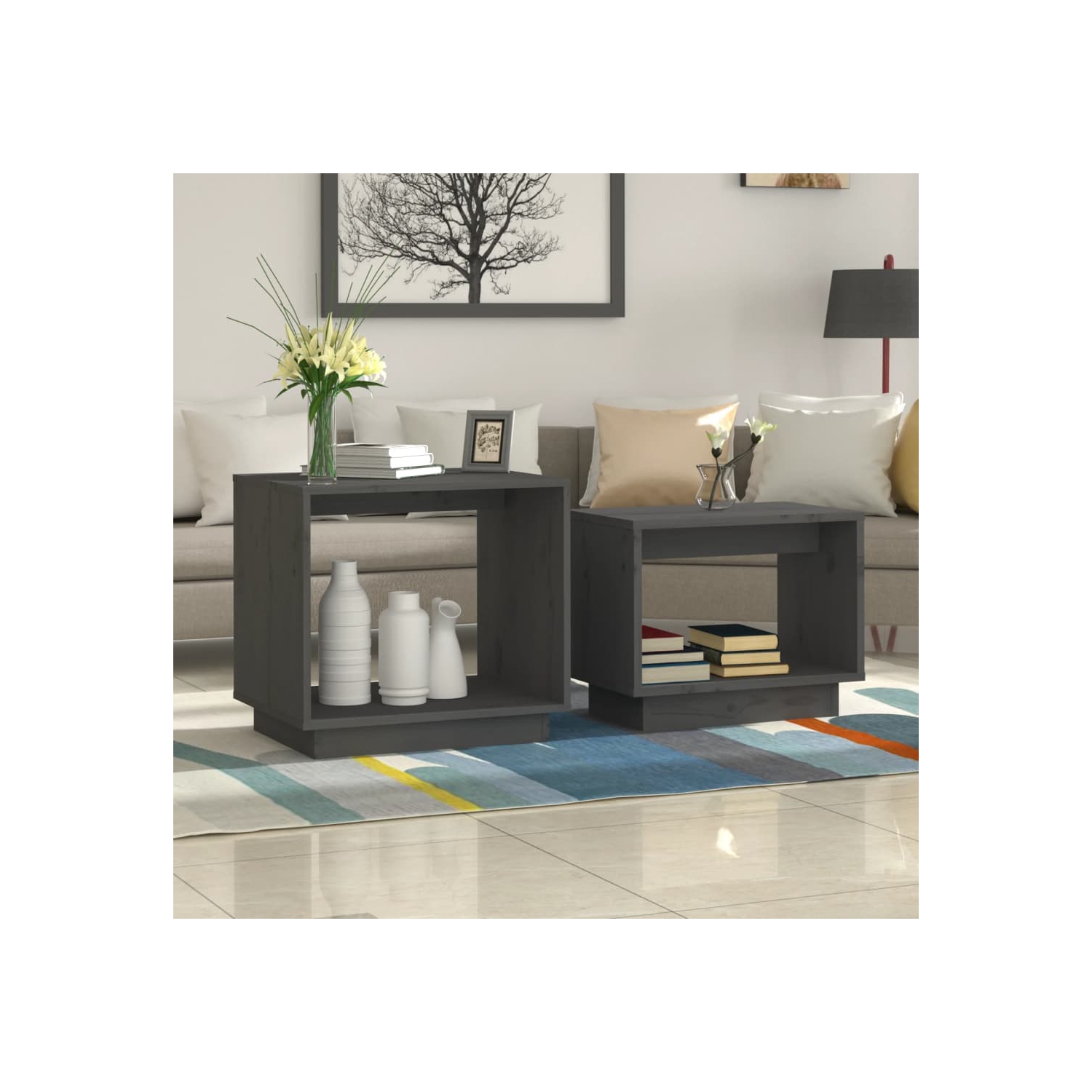 vidaXL Nesting Coffee Tables 2 pcs Grey Solid Wood Pine