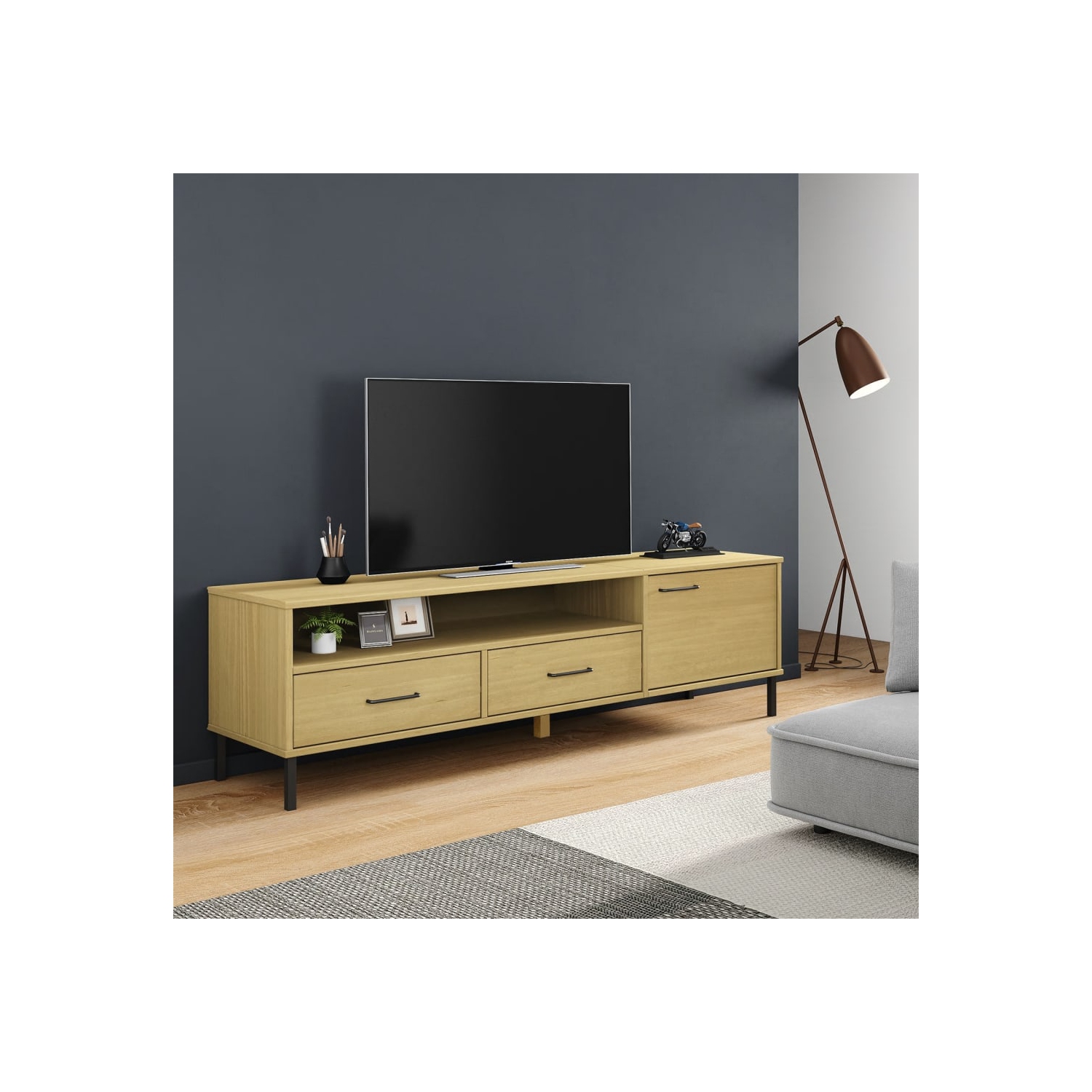 Meuble pour téléviseur avec pattes en métal en pin massif brun