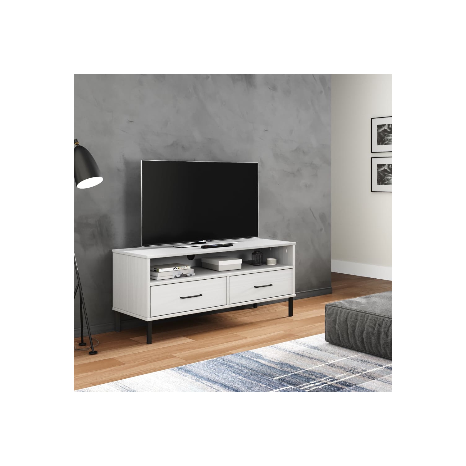 Meuble pour téléviseur avec pattes en métal et pieds en pin massif blanc de vidaXL