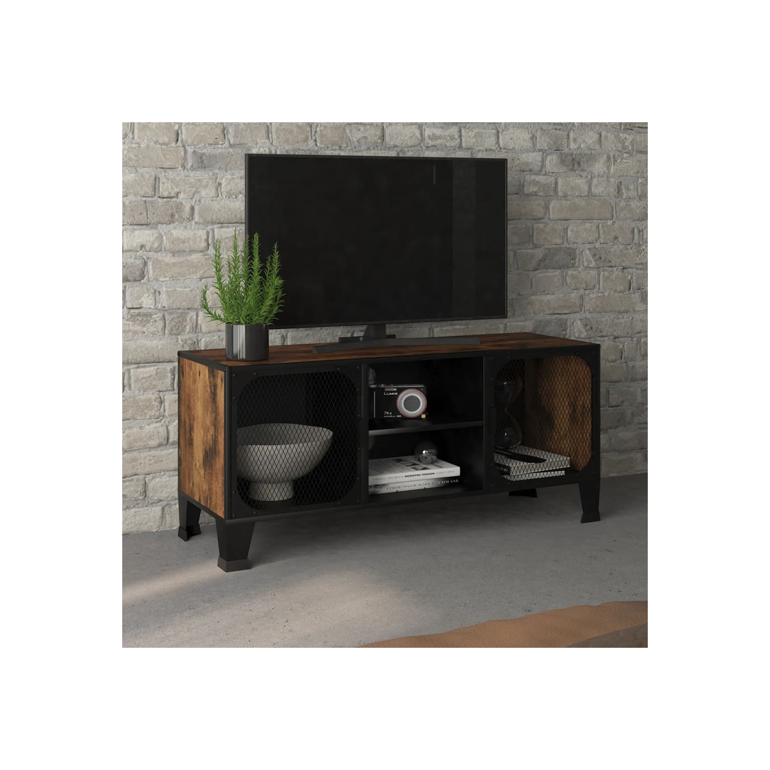 vidaXL TV Cabinet Rustic Brown 105x36x47 cm Metal and MDF