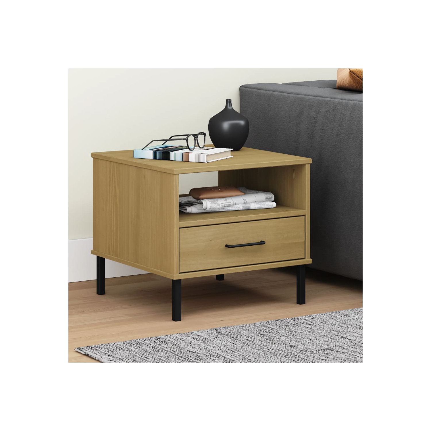 vidaXL Bedside Table with Metal Legs Brown Solid Wood Pine OSLO