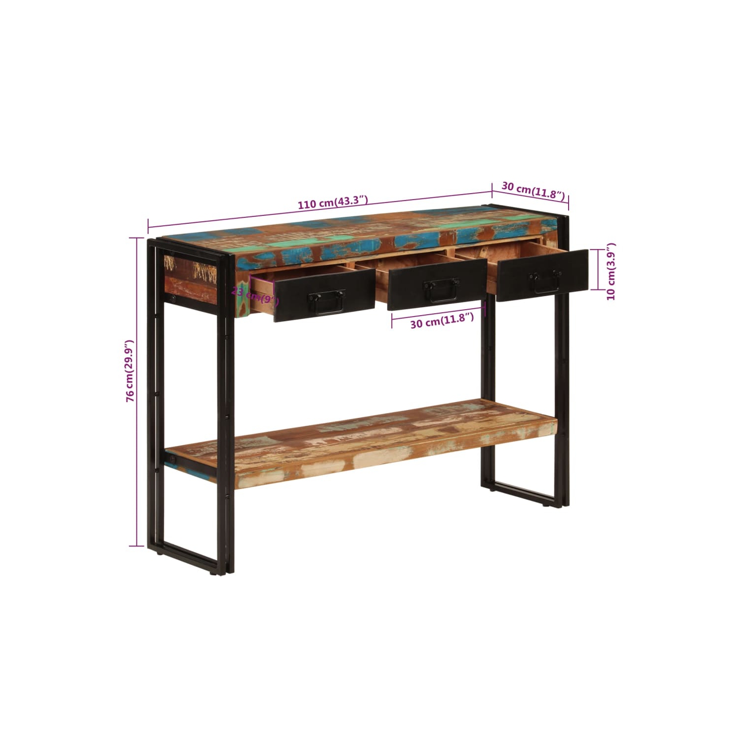 Table console VIdaXL 110 x 30 x 30 po en bois massif recyclé 76 cm
