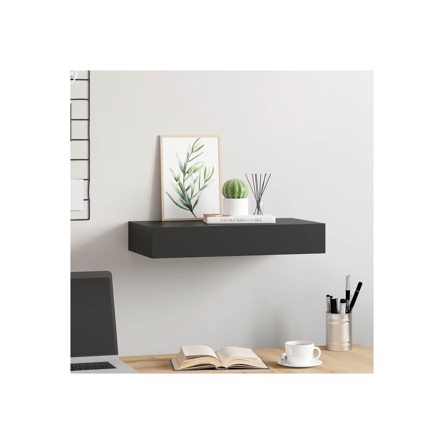 Tablette murale flottante avec tiroir, noir, 48 x 25 x 8 cm