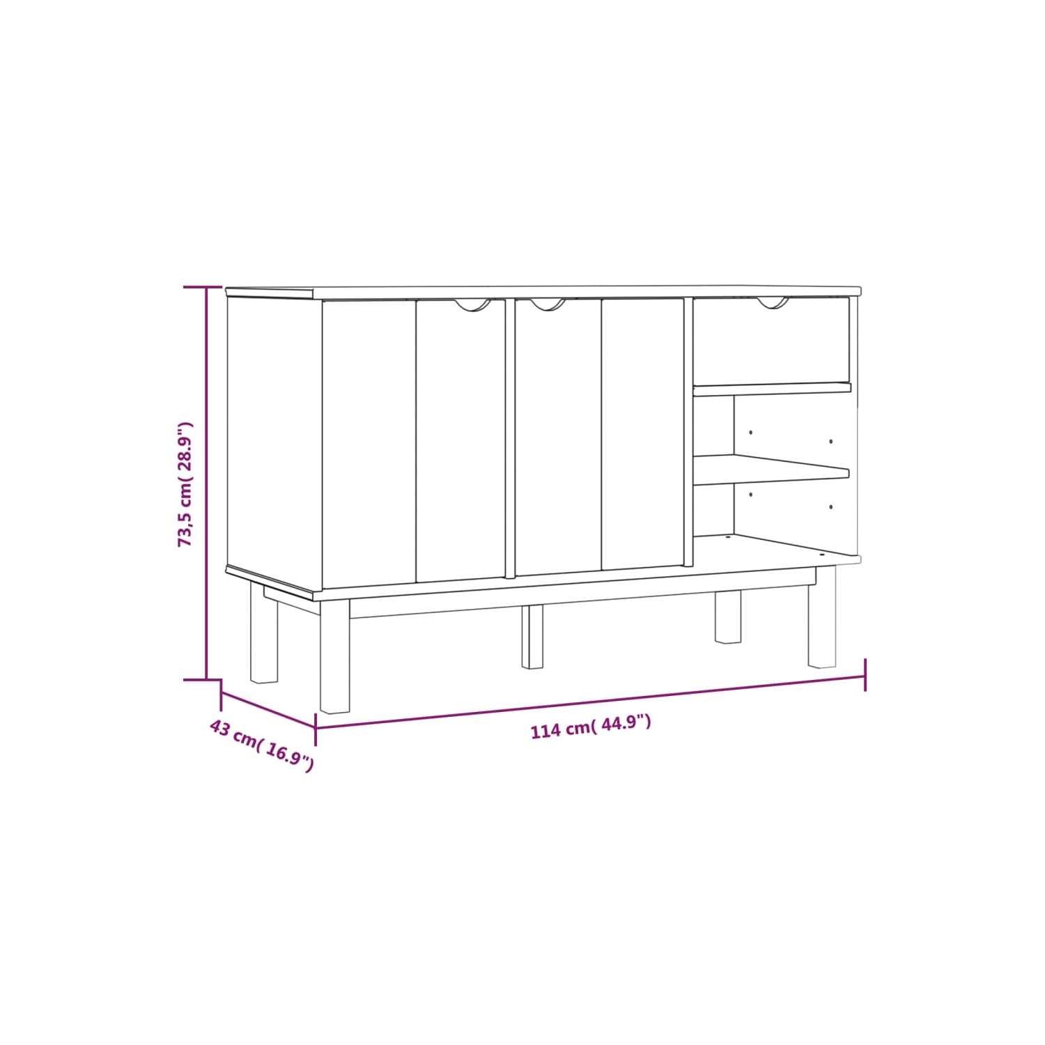 Meuble de rangement pour téléviseur à écran large en bois massif 73,5&nbsp;cm 114 x 43 po